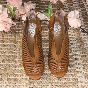 Vince Camuto Cognac Woven Peep-Toe Heels